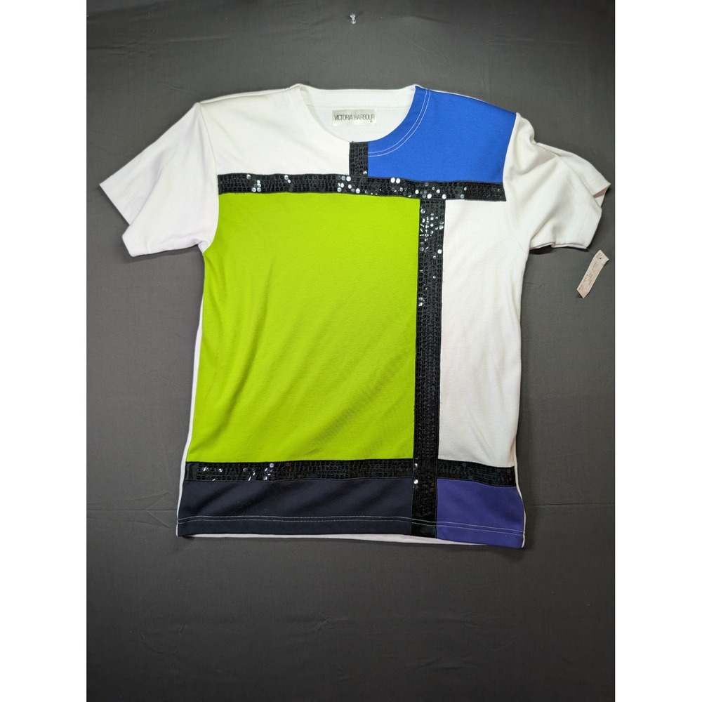 Victoria Harbour Womens Colorblock Sequin Trim Short Sleeve Top White Green Blue